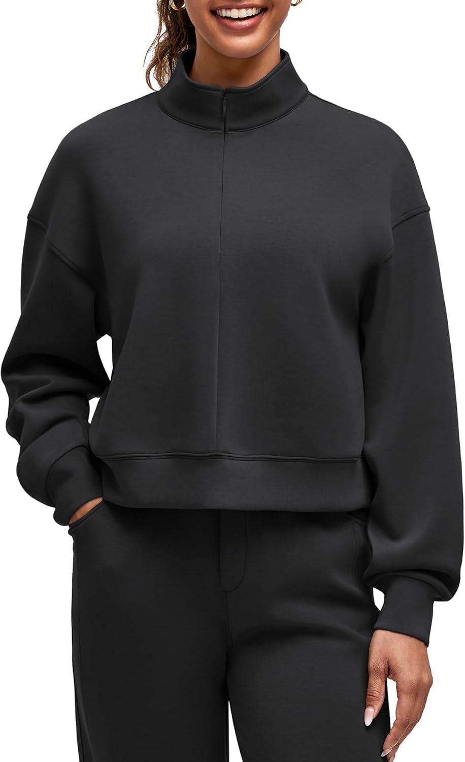 imageG4Free Smoofit Modal Soft Womens HalfZip Pullover Mock Neck Long Sleeve Sweatshirts with Side SlitsBlack