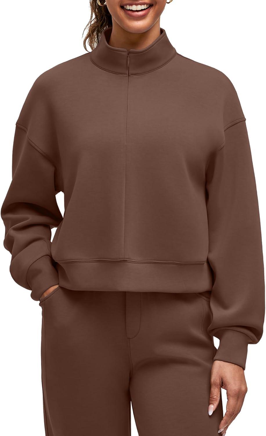 imageG4Free Smoofit Modal Soft Womens HalfZip Pullover Mock Neck Long Sleeve Sweatshirts with Side SlitsCoffee Brown