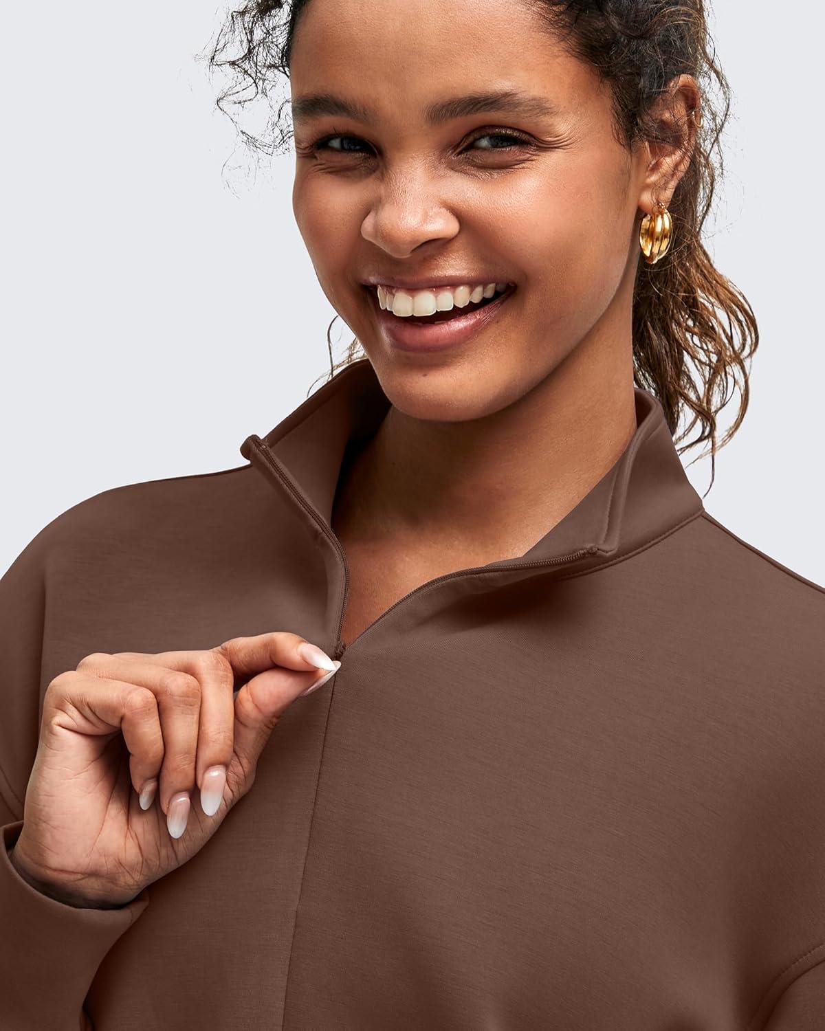 imageG4Free Smoofit Modal Soft Womens HalfZip Pullover Mock Neck Long Sleeve Sweatshirts with Side SlitsCoffee Brown