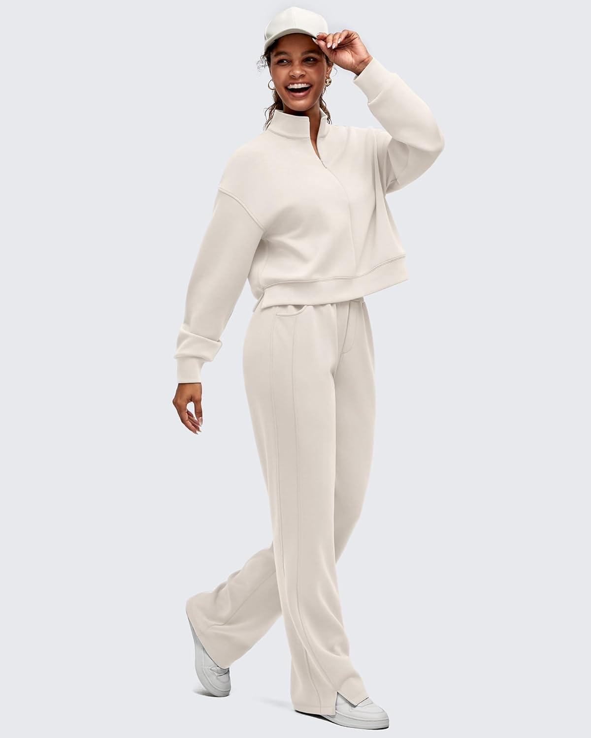 imageG4Free Smoofit Modal Soft Womens HalfZip Pullover Mock Neck Long Sleeve Sweatshirts with Side SlitsIvory