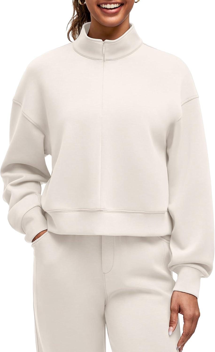 imageG4Free Smoofit Modal Soft Womens HalfZip Pullover Mock Neck Long Sleeve Sweatshirts with Side SlitsIvory