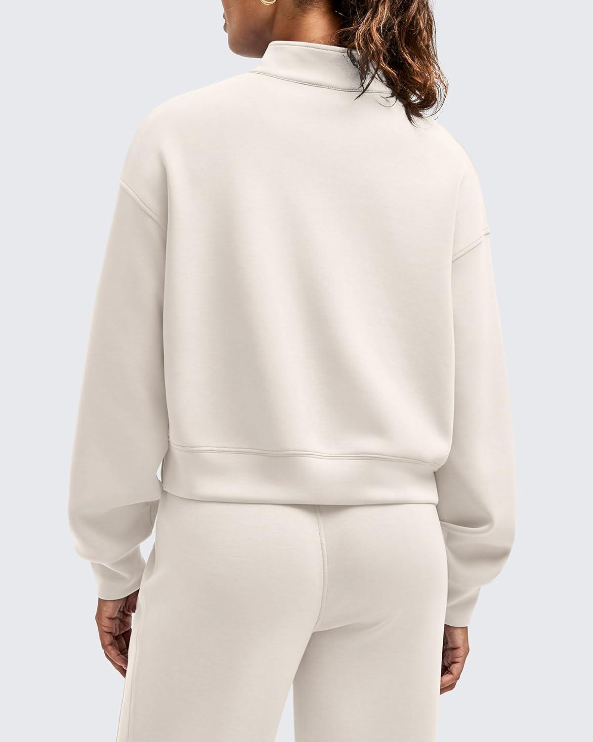 imageG4Free Smoofit Modal Soft Womens HalfZip Pullover Mock Neck Long Sleeve Sweatshirts with Side SlitsIvory