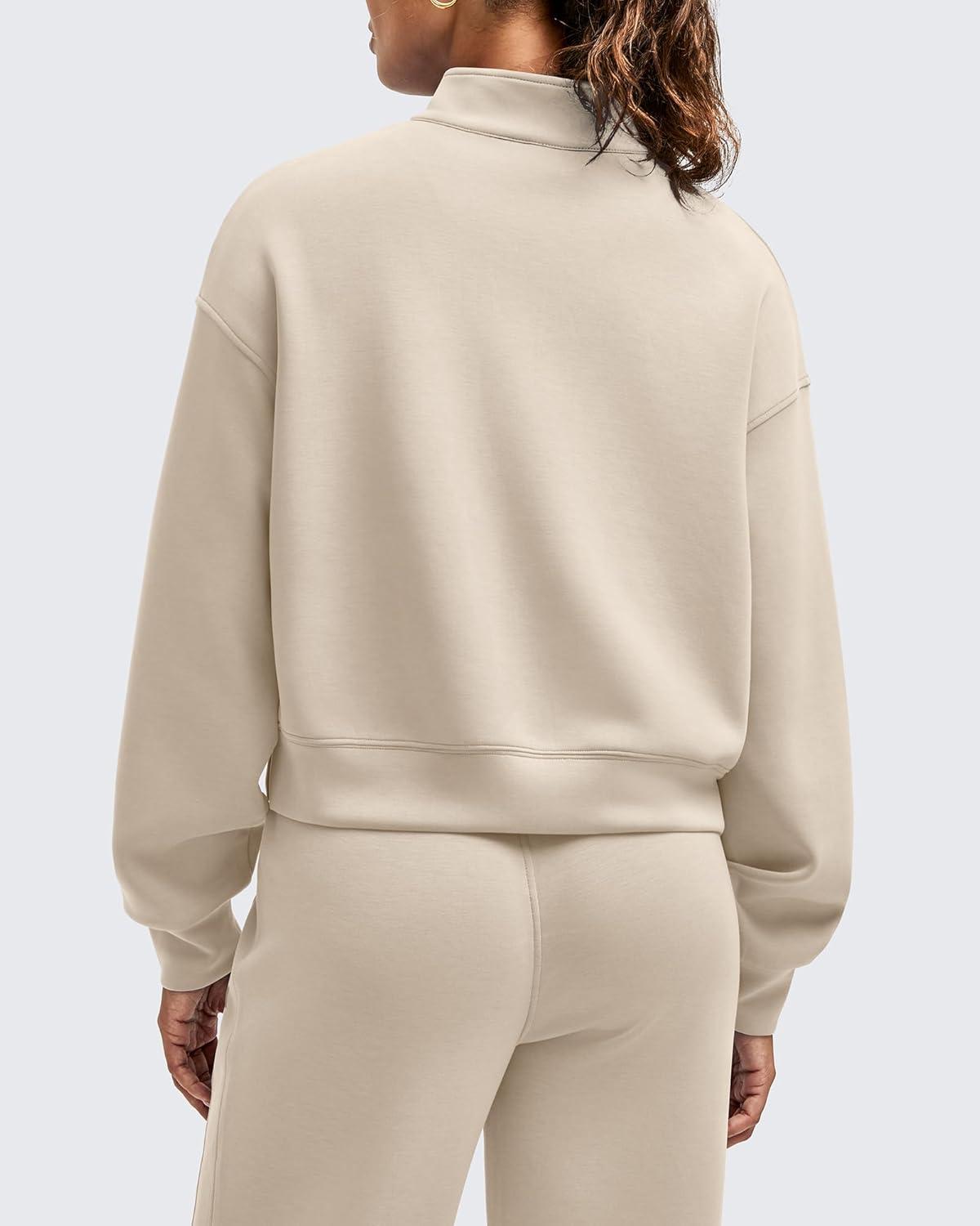 imageG4Free Smoofit Modal Soft Womens HalfZip Pullover Mock Neck Long Sleeve Sweatshirts with Side SlitsLight Khaki