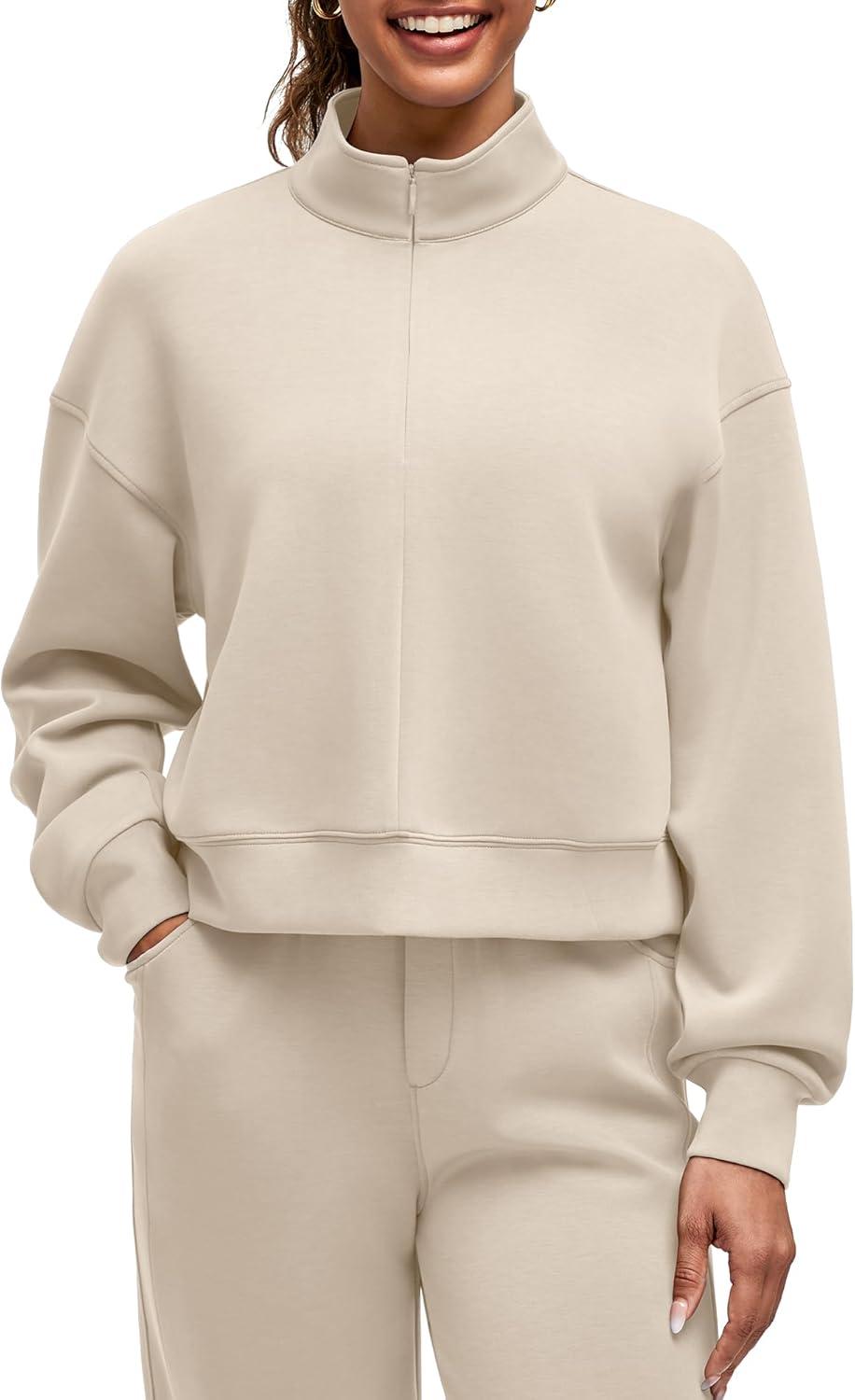 imageG4Free Smoofit Modal Soft Womens HalfZip Pullover Mock Neck Long Sleeve Sweatshirts with Side SlitsLight Khaki