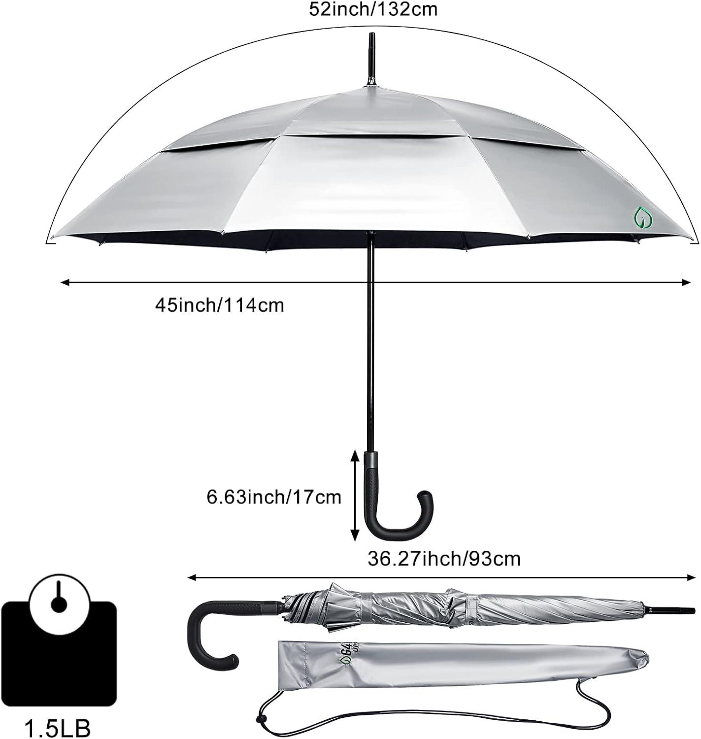 imageG4Free UPF 50 52 Inch UV Protection Umbrella Automatic Open Hook Handle J Stick Golf Umbrellas for Rain Sun amp Wind ProtectionSilverBlack