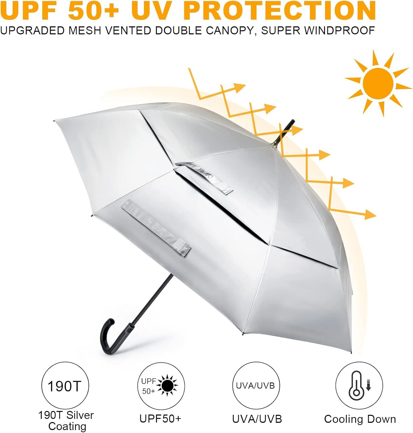 imageG4Free UPF 50 52 Inch UV Protection Umbrella Automatic Open Hook Handle J Stick Golf Umbrellas for Rain Sun amp Wind ProtectionSilverBlue