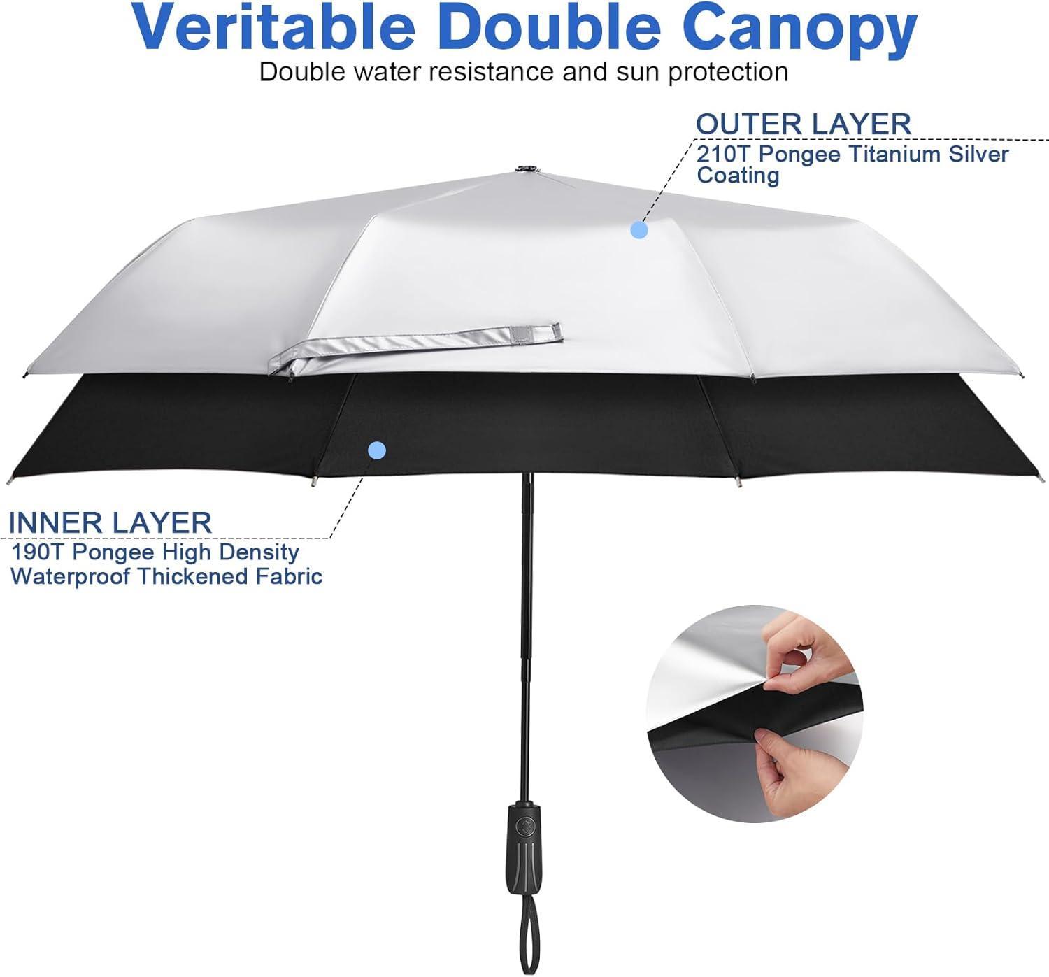 imageG4Free UPF 50 UV Protection Large Travel Umbrella 46 Inch Double Layer Auto Open Close Windproof Sun Blocking UmbrellaBlack