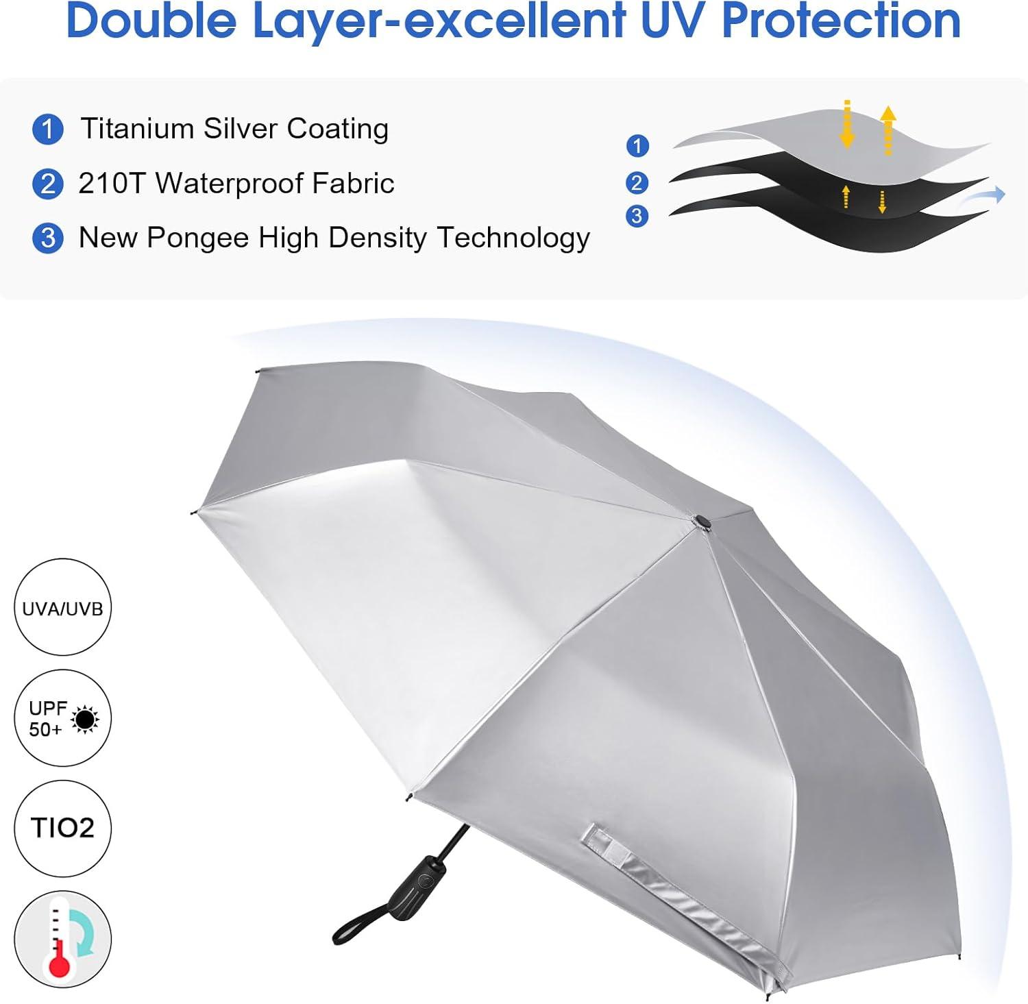 imageG4Free UPF 50 UV Protection Large Travel Umbrella 46 Inch Double Layer Auto Open Close Windproof Sun Blocking UmbrellaBlack