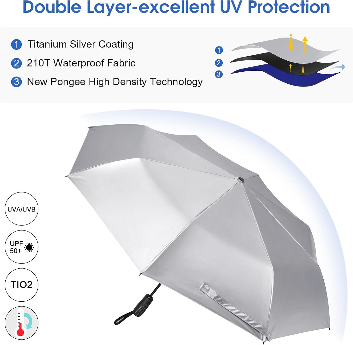 imageG4Free UPF 50 UV Protection Large Travel Umbrella 46 Inch Double Layer Auto Open Close Windproof Sun Blocking UmbrellaBlue