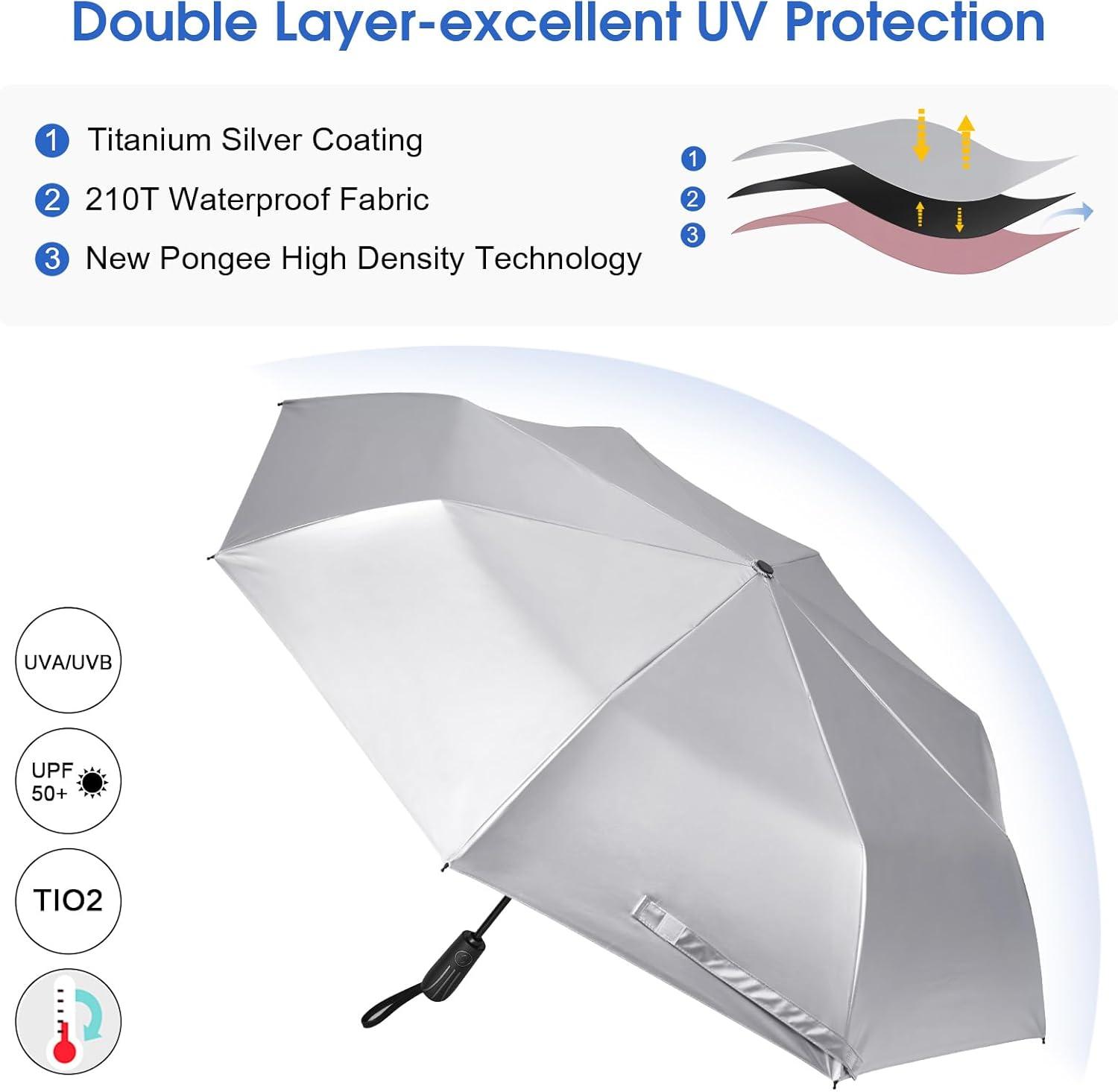imageG4Free UPF 50 UV Protection Large Travel Umbrella 46 Inch Double Layer Auto Open Close Windproof Sun Blocking UmbrellaPink