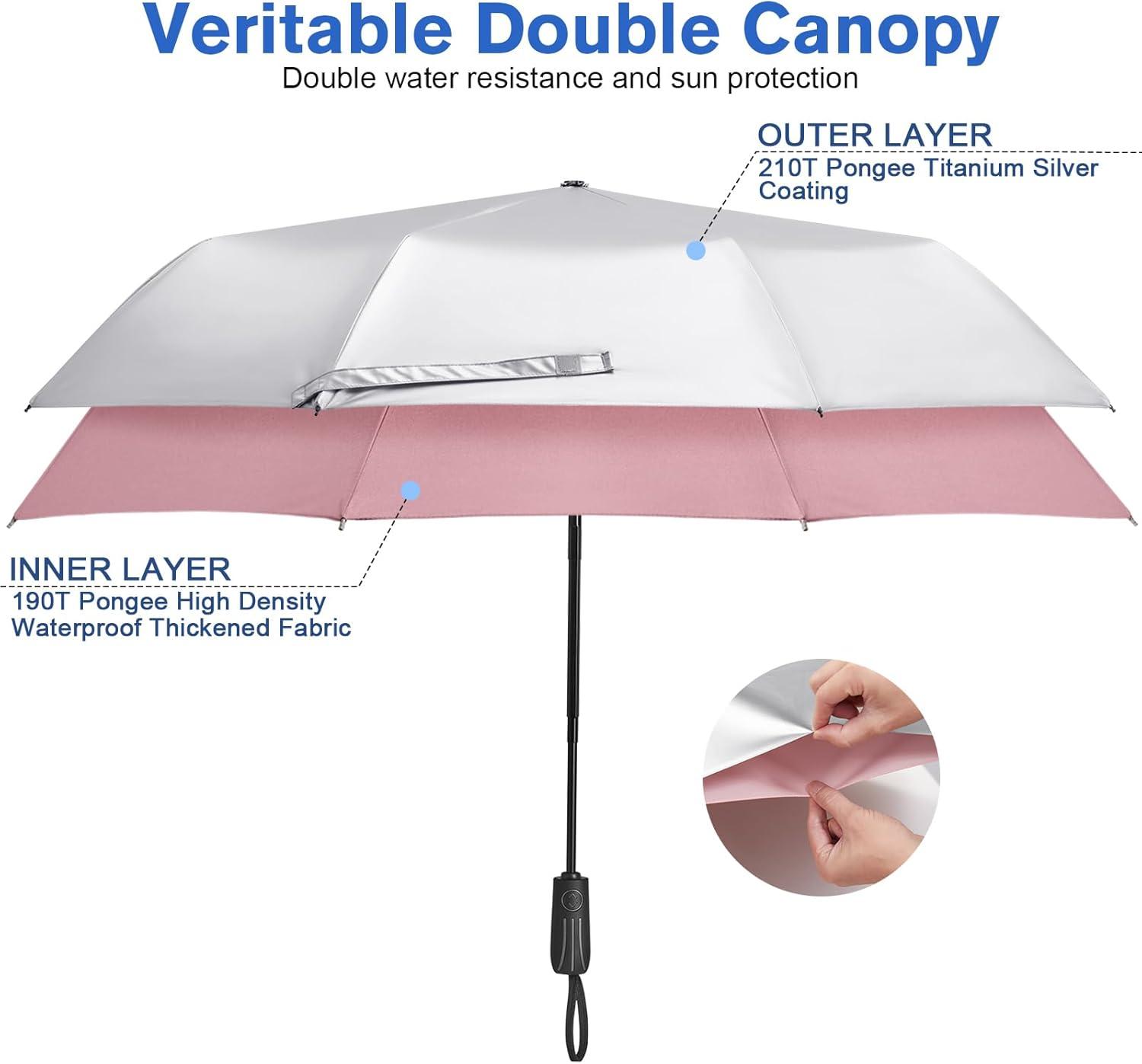 imageG4Free UPF 50 UV Protection Large Travel Umbrella 46 Inch Double Layer Auto Open Close Windproof Sun Blocking UmbrellaPink