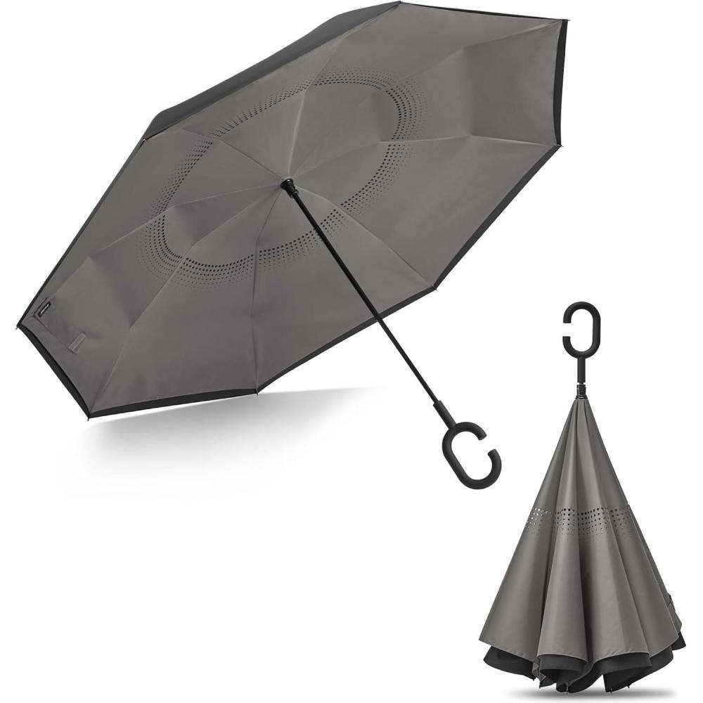 imageG4Free 4862 Inch Large Inverted Reverse Umbrella with CShaped Handle Windproof Double Layer Upside Down Car Rain Umbrellas for Men WomenGrey