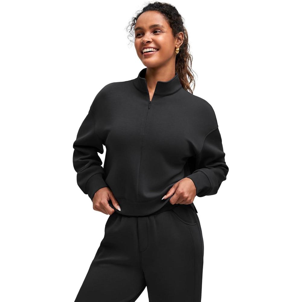 imageG4Free Smoofit Modal Soft Womens HalfZip Pullover Mock Neck Long Sleeve Sweatshirts with Side SlitsBlack