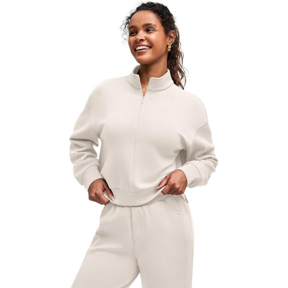imageG4Free Smoofit Modal Soft Womens HalfZip Pullover Mock Neck Long Sleeve Sweatshirts with Side SlitsIvory
