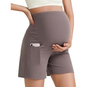 G4Free BareFeel Maternity Athletic Shorts with Pockets Over The Belly Workout Pants Comfy Summer Pregnancy Clothes(Taupe)