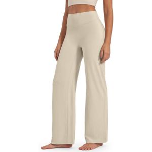 G4Free BareFeel No Front Seam Straight Leggings for Women High Waisted Wide Leg Yoga Pants 29″/31″/33″(Light Khaki)