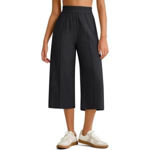 G4Free Chillwhisp Lightweight Flowy Wide Leg Capris Women – Front Seam Summer Cropped Pants for Travel Beach(Black)