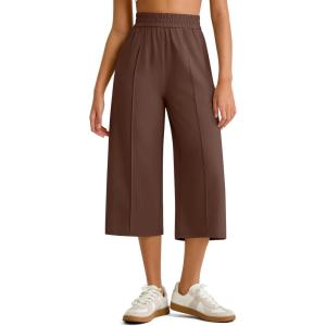 G4Free Chillwhisp Lightweight Flowy Wide Leg Capris Women – Front Seam Summer Cropped Pants for Travel Beach(Coffee Brown)