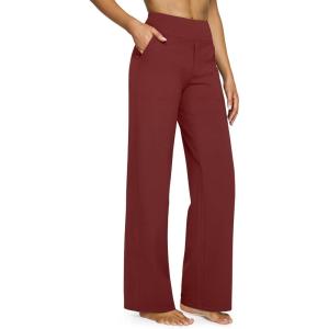 G4Free EverGoing Yoga Pants Women Wide Leg Pants with Pockets High Waist Stretch Dress Casual Sweatpants Petite/Regular/Tall(Dark Burgundy)