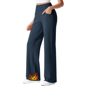 G4Free Fleece Lined Pants Women Wide Leg Work Trousers with Pockets High Waisted Sweatpants for Casual Dress Winter(Navy Blue)