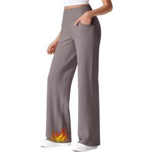 G4Free Fleece Lined Pants Women Wide Leg Work Trousers with Pockets High Waisted Sweatpants for Casual Dress Winter(Taupe)