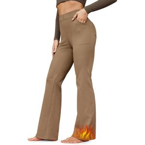 G4Free Fleece Lined Pants for Women Yoga Pants with Pockets Flare Leggings High Waisted Bootcut Dress Winter Work Slacks(Brown)