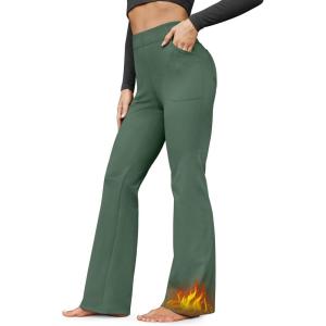 G4Free Fleece Lined Pants for Women Yoga Pants with Pockets Flare Leggings High Waisted Bootcut Dress Winter Work Slacks(Dark Forest Green)