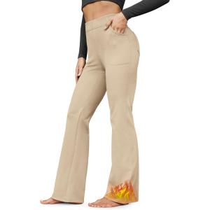 G4Free Fleece Lined Pants for Women Yoga Pants with Pockets Flare Leggings High Waisted Bootcut Dress Winter Work Slacks(Light Khaki)