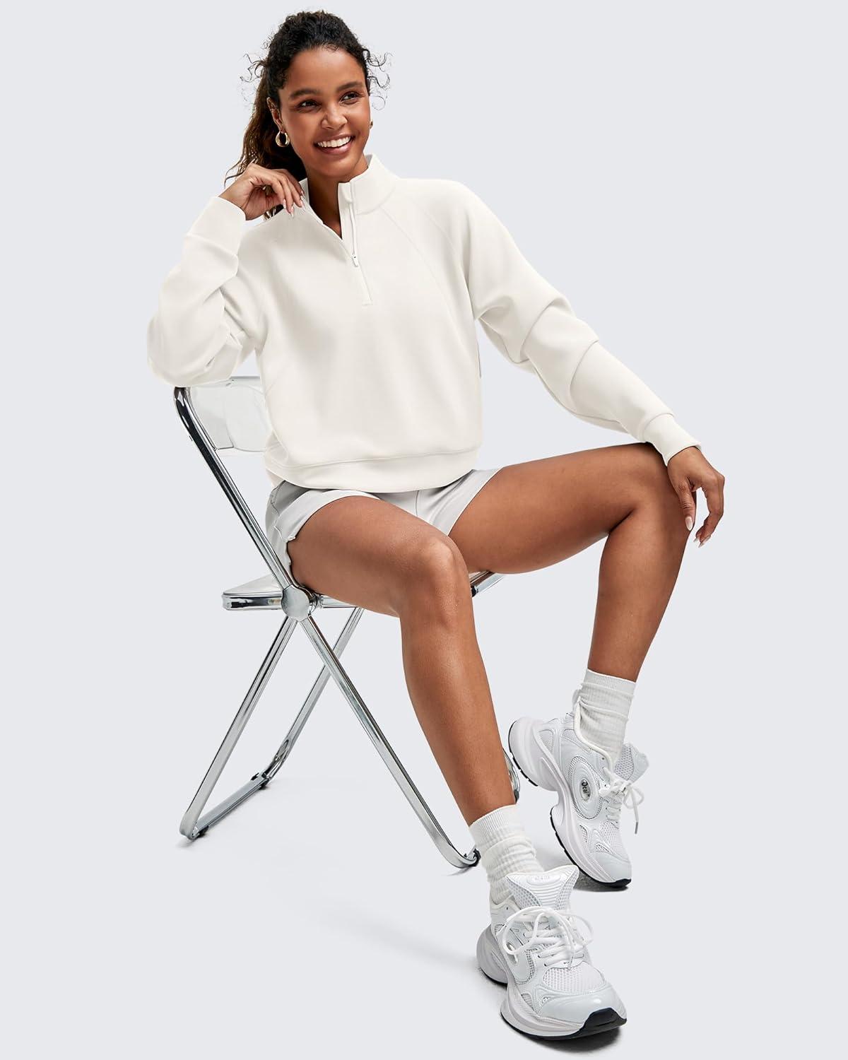 imageG4Free Smoofit Modal Soft Womens Sweatshirts HalfZip Pullover Mock Neck Casual Tops with PocketsIvory