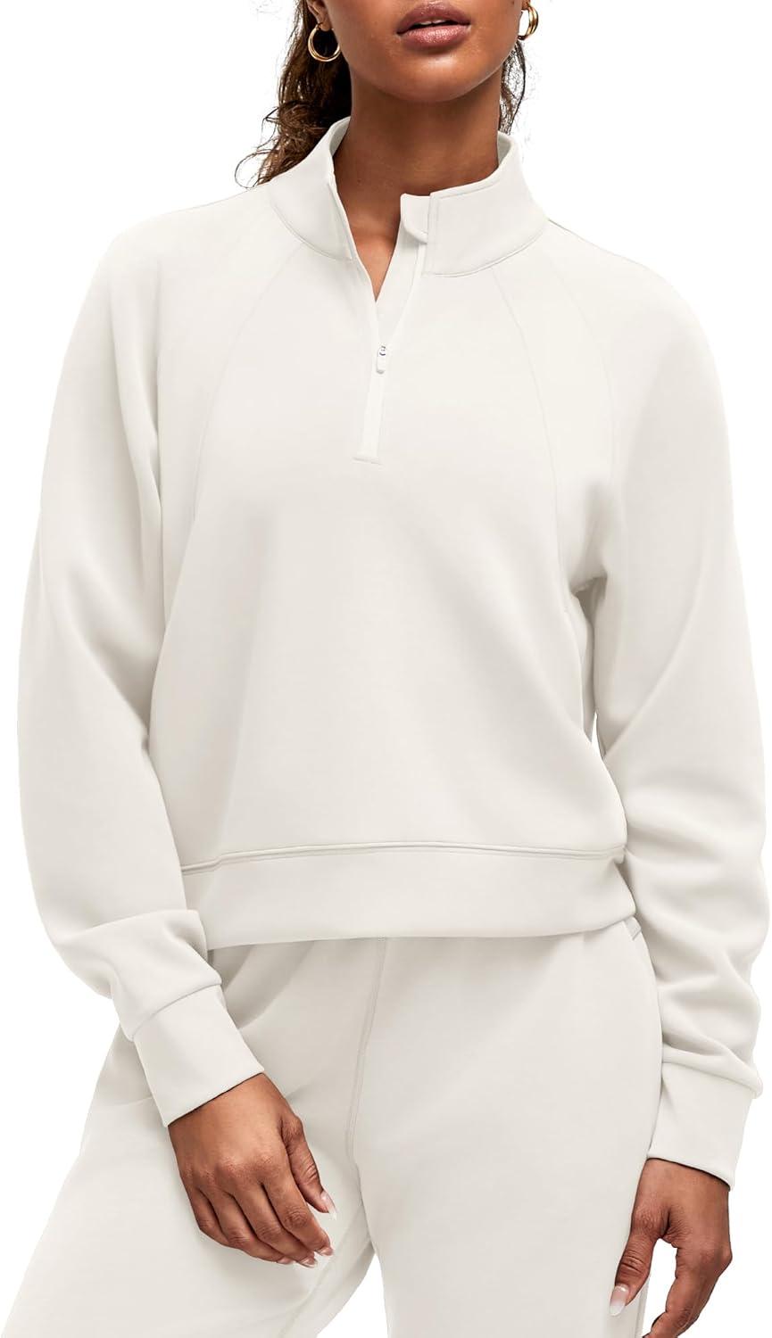 imageG4Free Smoofit Modal Soft Womens Sweatshirts HalfZip Pullover Mock Neck Casual Tops with PocketsIvory