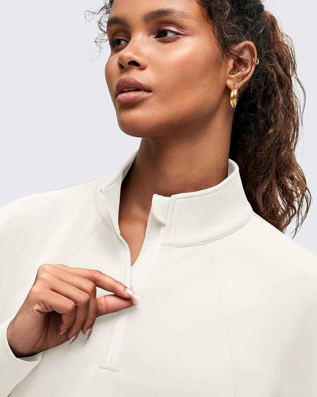imageG4Free Smoofit Modal Soft Womens Sweatshirts HalfZip Pullover Mock Neck Casual Tops with PocketsIvory
