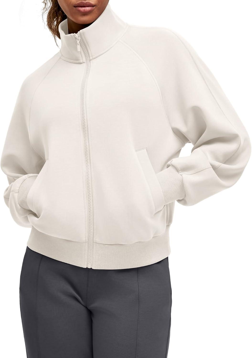 imageG4Free Smoofit Modal Soft Womens Zip Up Jackets Loose Fit Mock Neck Casual Tops with PocketsIvory
