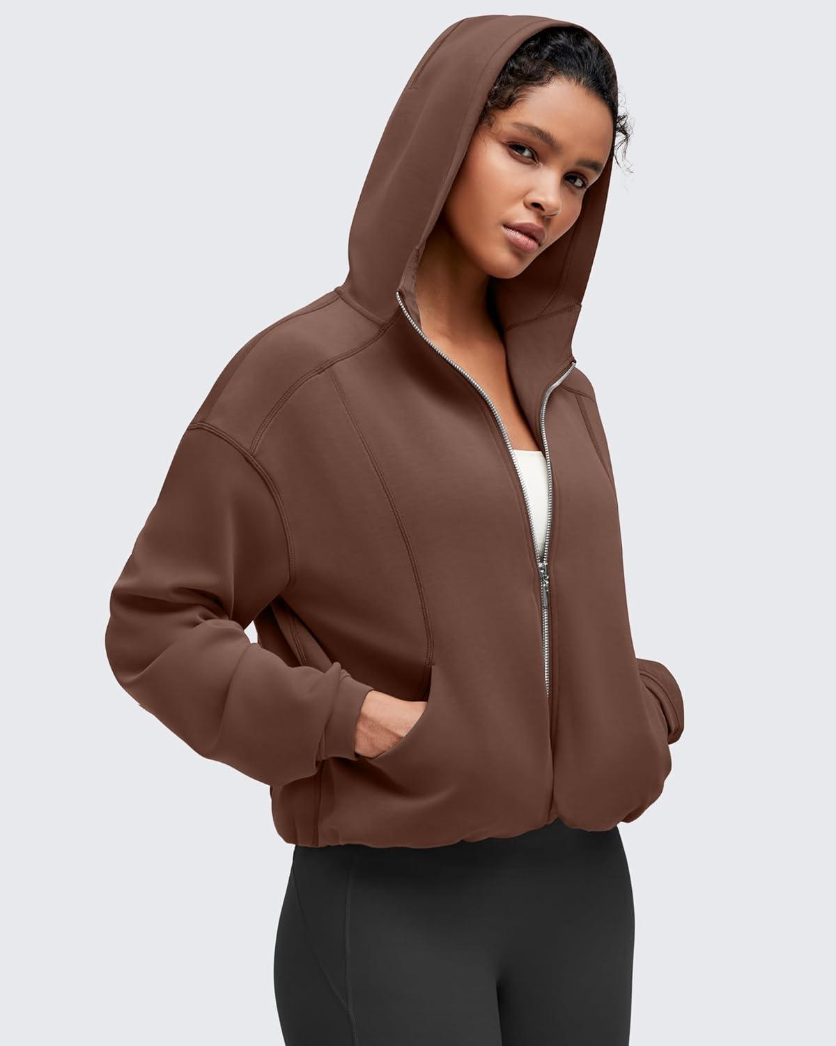 imageG4Free Smoofit Womens Two Way Full Zip Jackets Modal Soft Casual Hoodie with PocketsDark Coffee