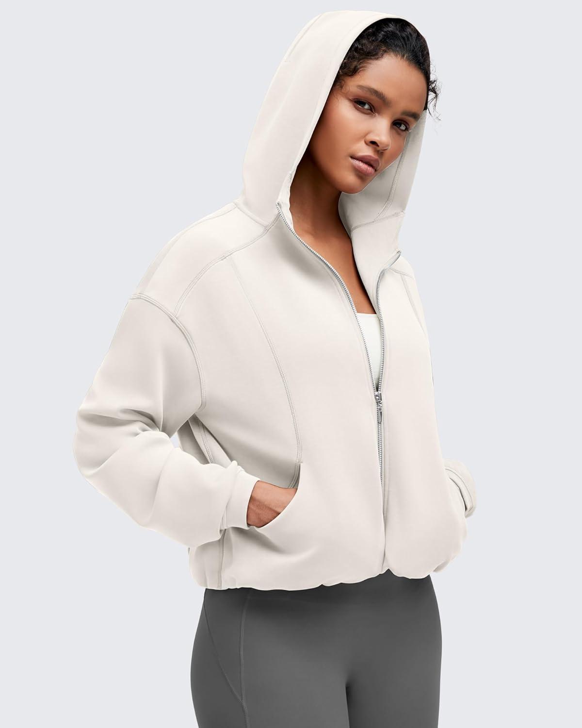 imageG4Free Smoofit Womens Two Way Full Zip Jackets Modal Soft Casual Hoodie with PocketsIvory