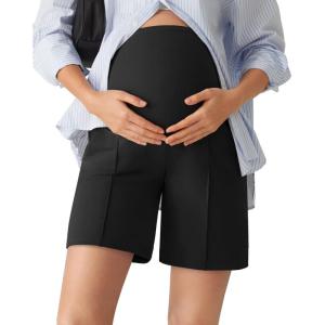 G4Free EverGoing Maternity Shorts with Pockets Over The Belly Stretchy Pregnancy Casual Workout Activewear 6” 10”(Black)