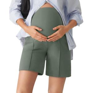 G4Free EverGoing Maternity Shorts with Pockets Over The Belly Stretchy Pregnancy Casual Workout Activewear 6” 10”(Gray Sage)