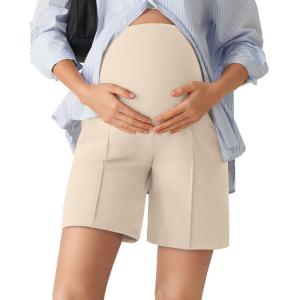 G4Free EverGoing Maternity Shorts with Pockets Over The Belly Stretchy Pregnancy Casual Workout Activewear 6” 10”(Light Khaki)