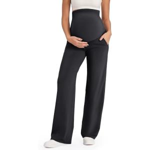 G4Free EverGoing Maternity Pants Over the Belly Yoga Dress Work Stretchy Lounge Pregnancy Wide Leg Trousers with Pockets(Black)
