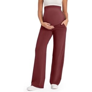 G4Free EverGoing Maternity Pants Over the Belly Yoga Dress Work Stretchy Lounge Pregnancy Wide Leg Trousers with Pockets(Dark Burgundy)