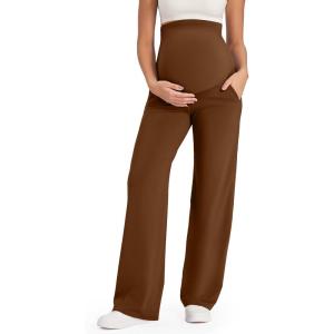 G4Free EverGoing Maternity Pants Over the Belly Yoga Dress Work Stretchy Lounge Pregnancy Wide Leg Trousers with Pockets(Dark Coffee)