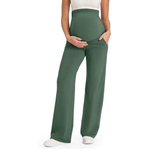 G4Free EverGoing Maternity Pants Over the Belly Yoga Dress Work Stretchy Lounge Pregnancy Wide Leg Trousers with Pockets(Dark Forest Green)