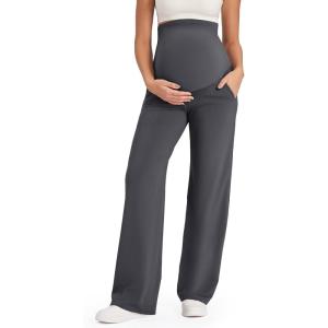 G4Free EverGoing Maternity Pants Over the Belly Yoga Dress Work Stretchy Lounge Pregnancy Wide Leg Trousers with Pockets(Dark Gray)