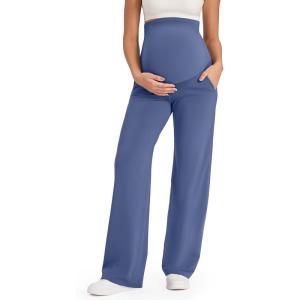 G4Free EverGoing Maternity Pants Over the Belly Yoga Dress Work Stretchy Lounge Pregnancy Wide Leg Trousers with Pockets(Denim Blue)