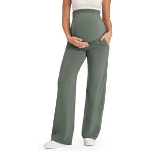 G4Free EverGoing Maternity Pants Over the Belly Yoga Dress Work Stretchy Lounge Pregnancy Wide Leg Trousers with Pockets(Gray Sage)