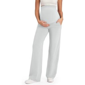 G4Free EverGoing Maternity Pants Over the Belly Yoga Dress Work Stretchy Lounge Pregnancy Wide Leg Trousers with Pockets(Light Gray)