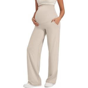 G4Free EverGoing Maternity Pants Over the Belly Yoga Dress Work Stretchy Lounge Pregnancy Wide Leg Trousers with Pockets(Light Khaki)