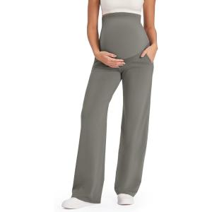 G4Free EverGoing Maternity Pants Over the Belly Yoga Dress Work Stretchy Lounge Pregnancy Wide Leg Trousers with Pockets(Mocha Brown)