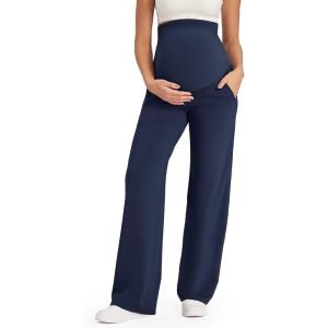 G4Free EverGoing Maternity Pants Over the Belly Yoga Dress Work Stretchy Lounge Pregnancy Wide Leg Trousers with Pockets(Royal Blue)