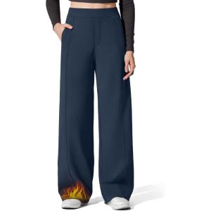 G4Free EverGoing Women’s Fleece Lined Pants with Pockets High Waisted Wide Leg Casual Warm Trousers(Dark Navy)