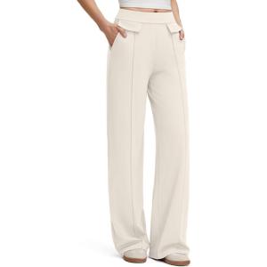 G4Free EverGoing Women’s Wide Leg Pants High Waisted Yoga Pants Dressy Casual Trousers with Pockets(Ivory)